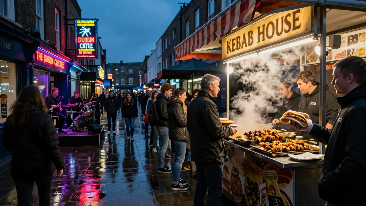 A food stall in Camden at 3 a.m. serving spicy kebabs, with a punk band playing on a small stage behind glowing neon signs.
