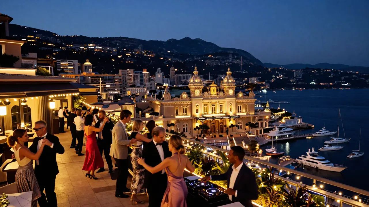 A glamorous rooftop lounge with guests dancing above Monaco’s glittering harbor at night.