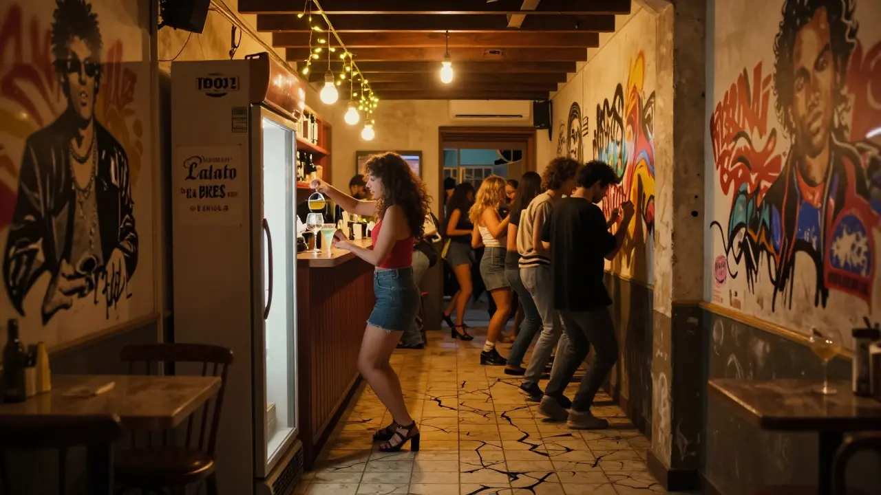 A hidden bar behind a fridge door, people dancing under fairy lights, a bartender pouring a drink in a cozy, intimate space.