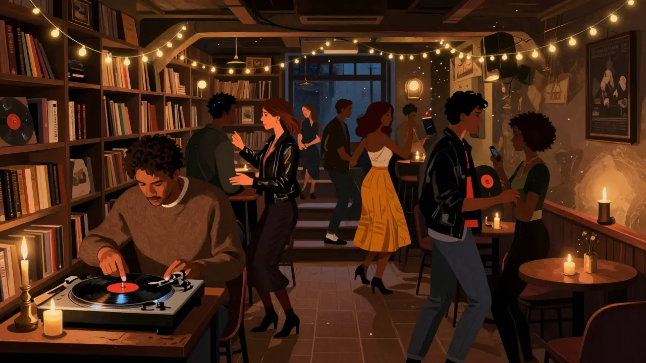 A hidden basement club in Brera with a DJ spinning vinyl, people dancing softly under string lights.