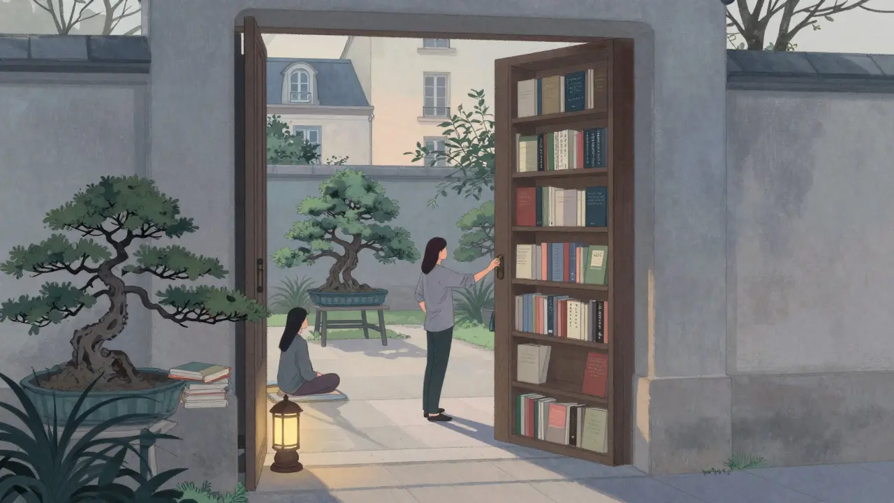 A hidden courtyard in Paris reveals a meditation garden and small bookstore with French and Mandarin poetry books.