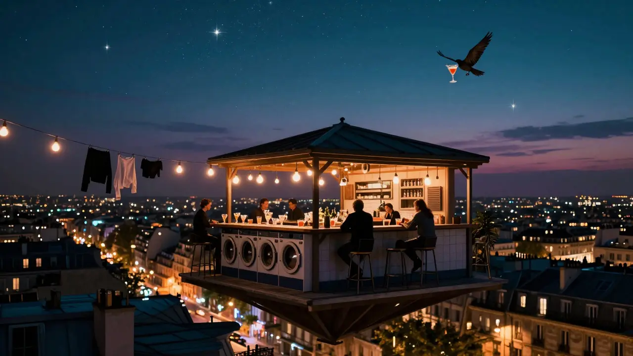 A hidden rooftop bar above a laundromat with city lights below and glowing lanterns hanging like stars.
