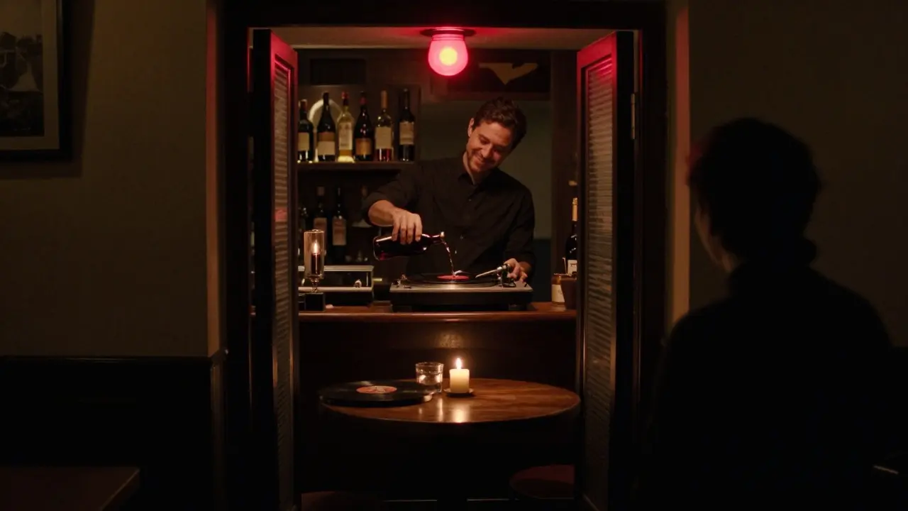 A hidden speakeasy bar behind a fridge door, lit by candlelight with jazz records playing, a bartender pouring wine as a red light glows above the entrance.