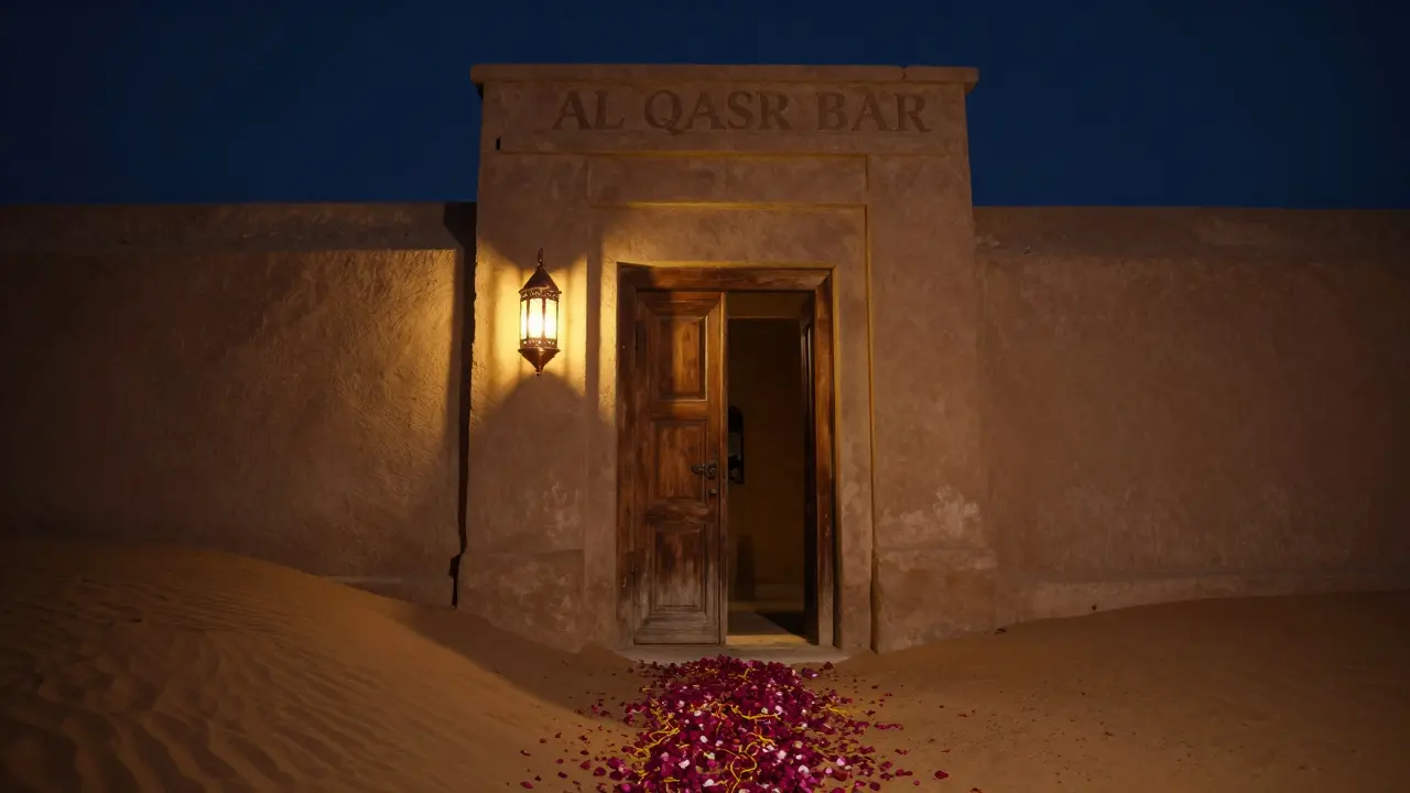 A hidden wooden door at Al Qasr Bar glows under a single copper lantern, petals leading into the night.
