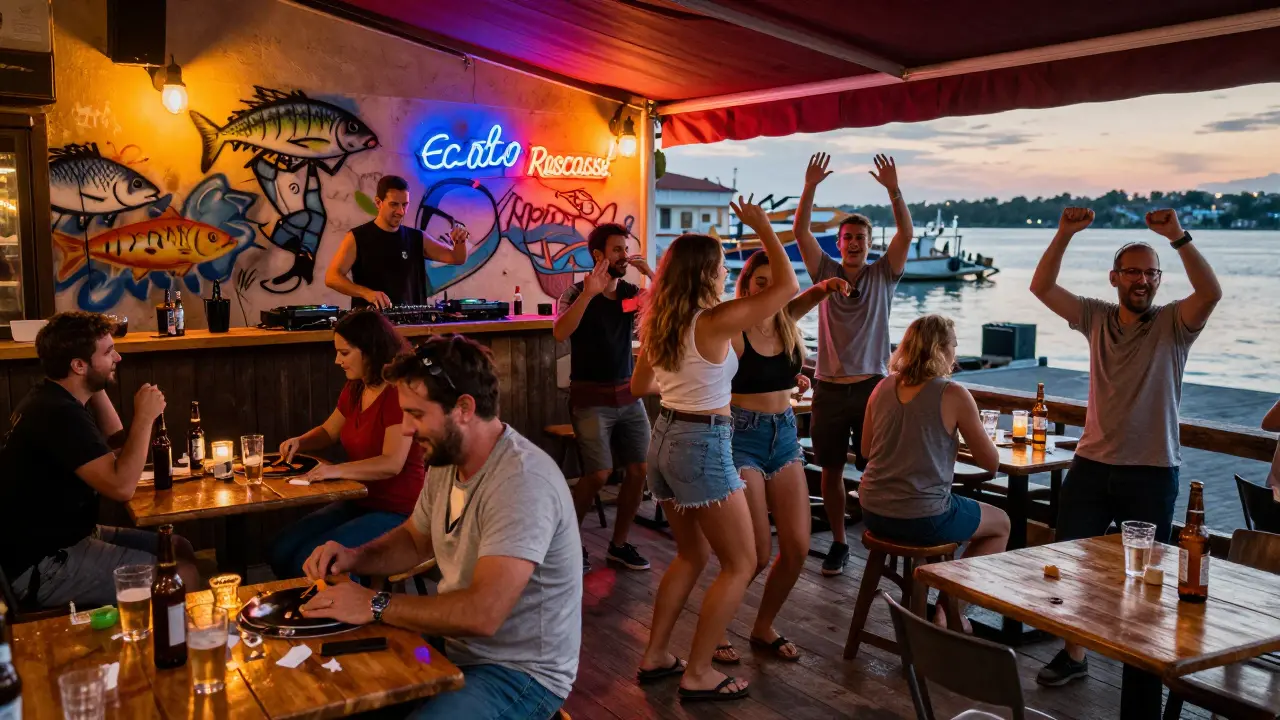 A lively, crowded bar with locals dancing wildly in tank tops and flip-flops, a DJ spinning vinyl under flickering neon lights.