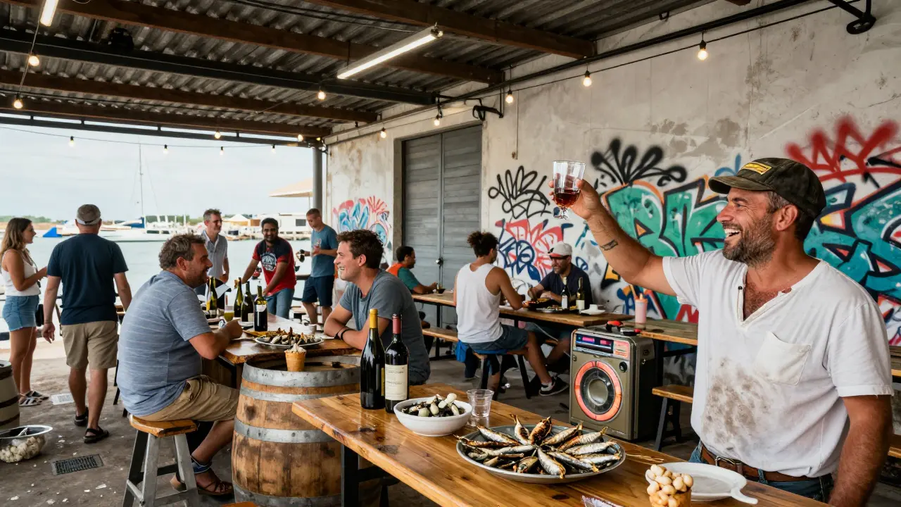 A lively portside warehouse bar with locals laughing over food and vintage music playing.