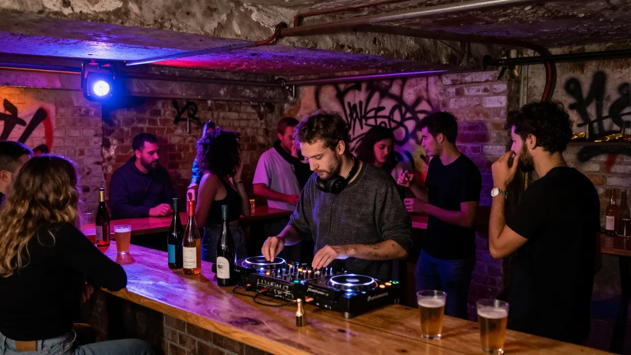 A lively underground club with a diverse crowd dancing to Afro-house music in a dimly lit basement.