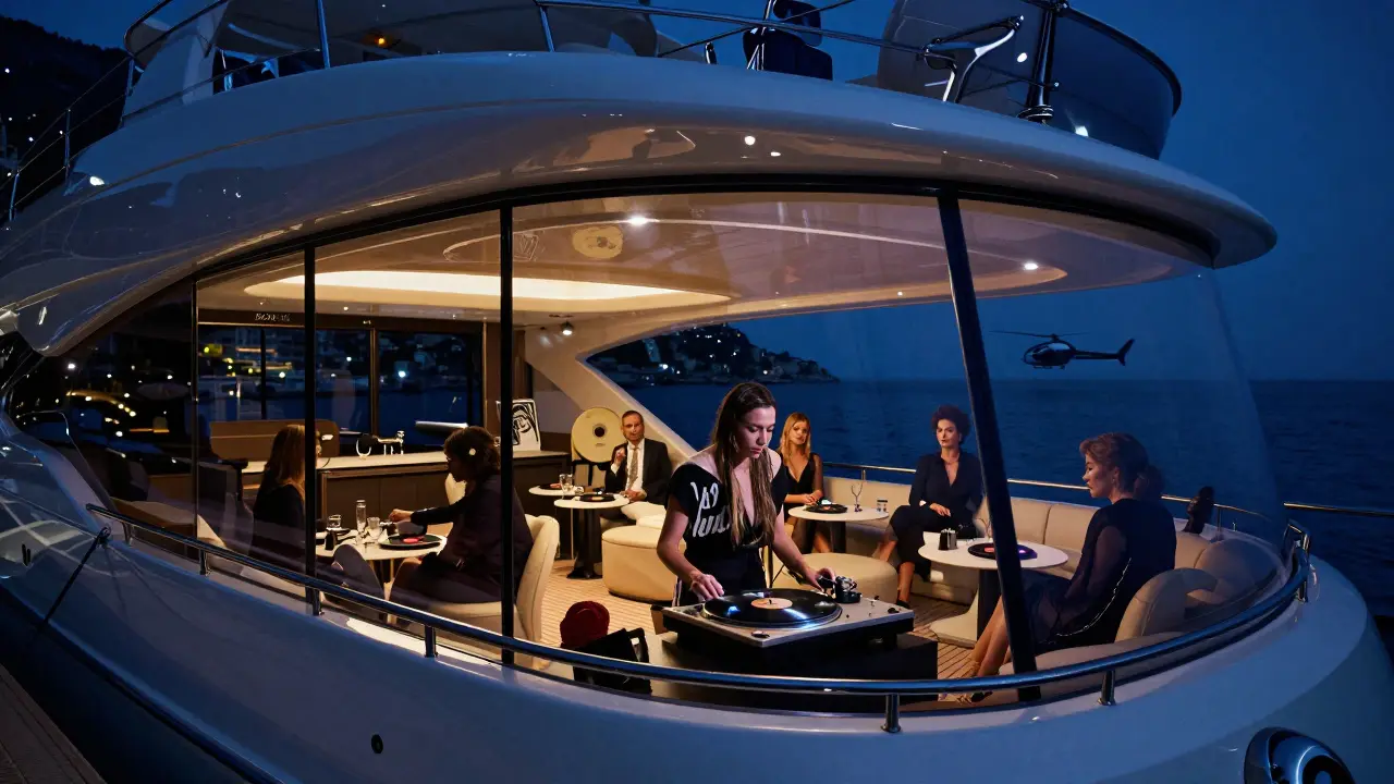A luxury superyacht at night with glass walls reflecting the Mediterranean stars and a vinyl record spinning inside.