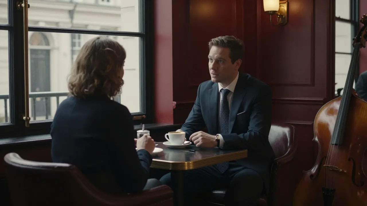 A male escort and client sharing coffee in a refined St. James’s lounge, engaged in calm conversation.