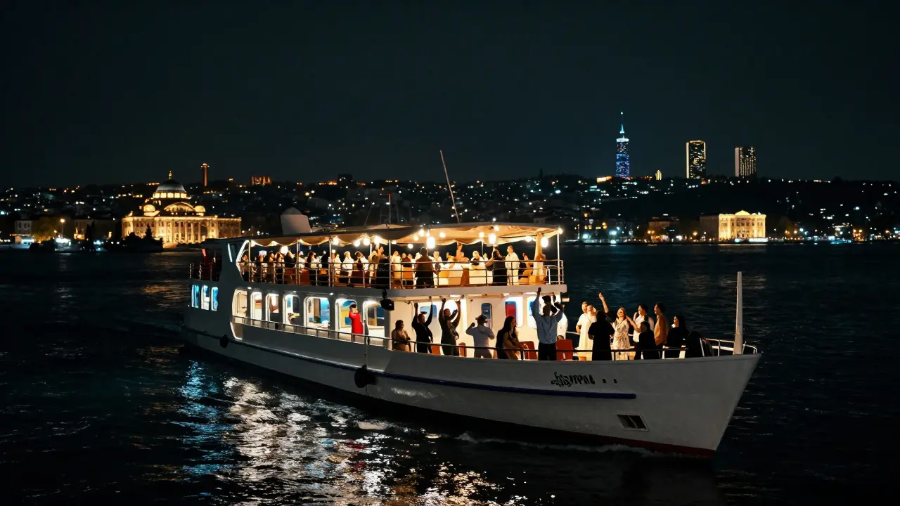 A private boat cruise on the Bosphorus at night, dancing guests under stars with city lights reflecting on water.