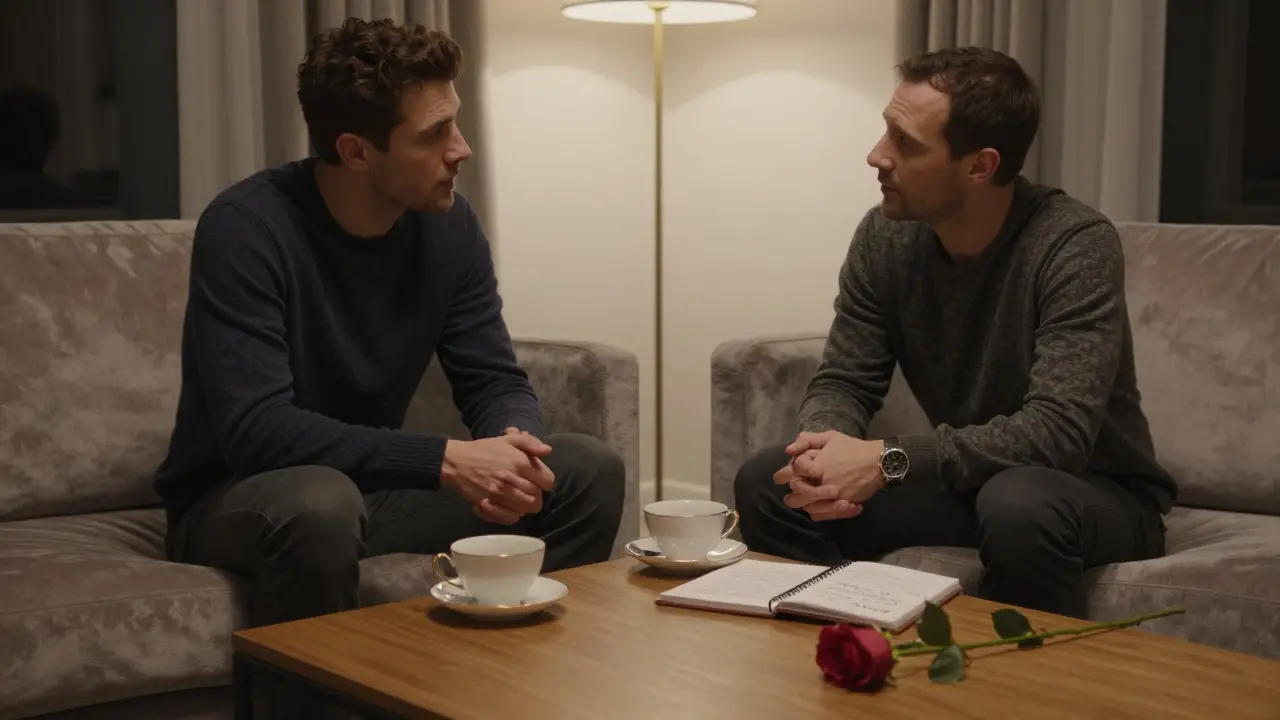 A private London apartment interior with two teacups and a rose, suggesting thoughtful companionship.