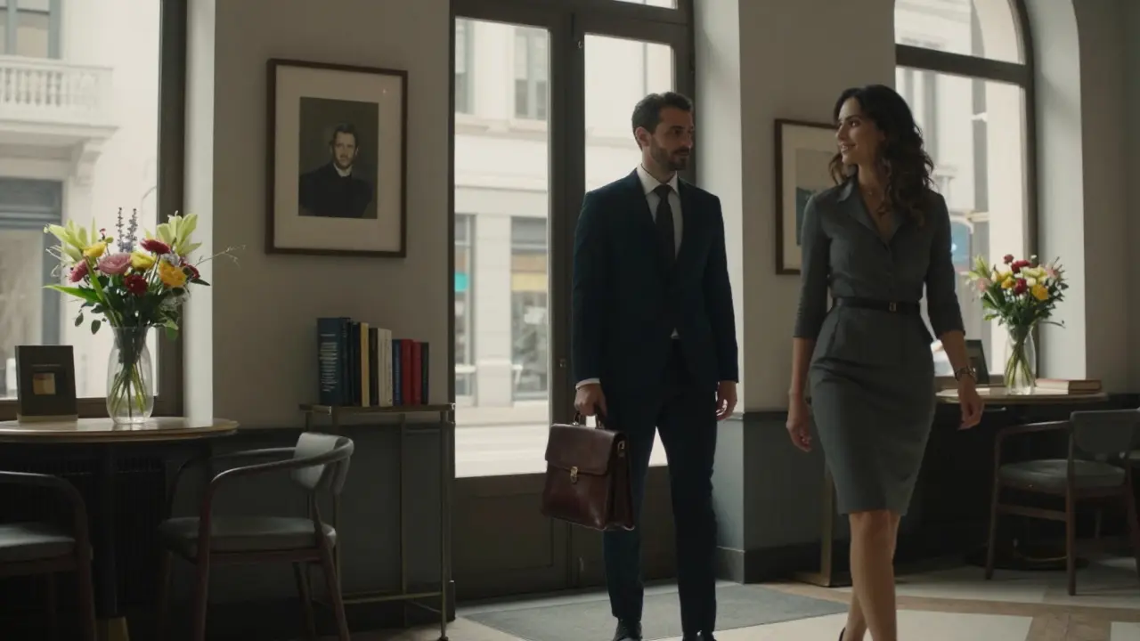 A professional encounter in a Milan apartment lobby, with natural light and elegant details.