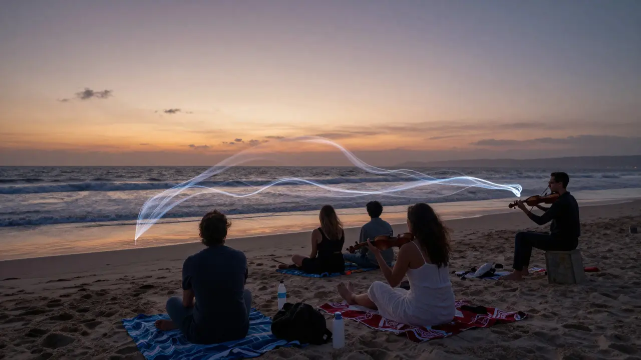 A quiet beach sunset with listeners enjoying live acoustic music as waves roll in, no phones, no crowds, just sound and serenity.