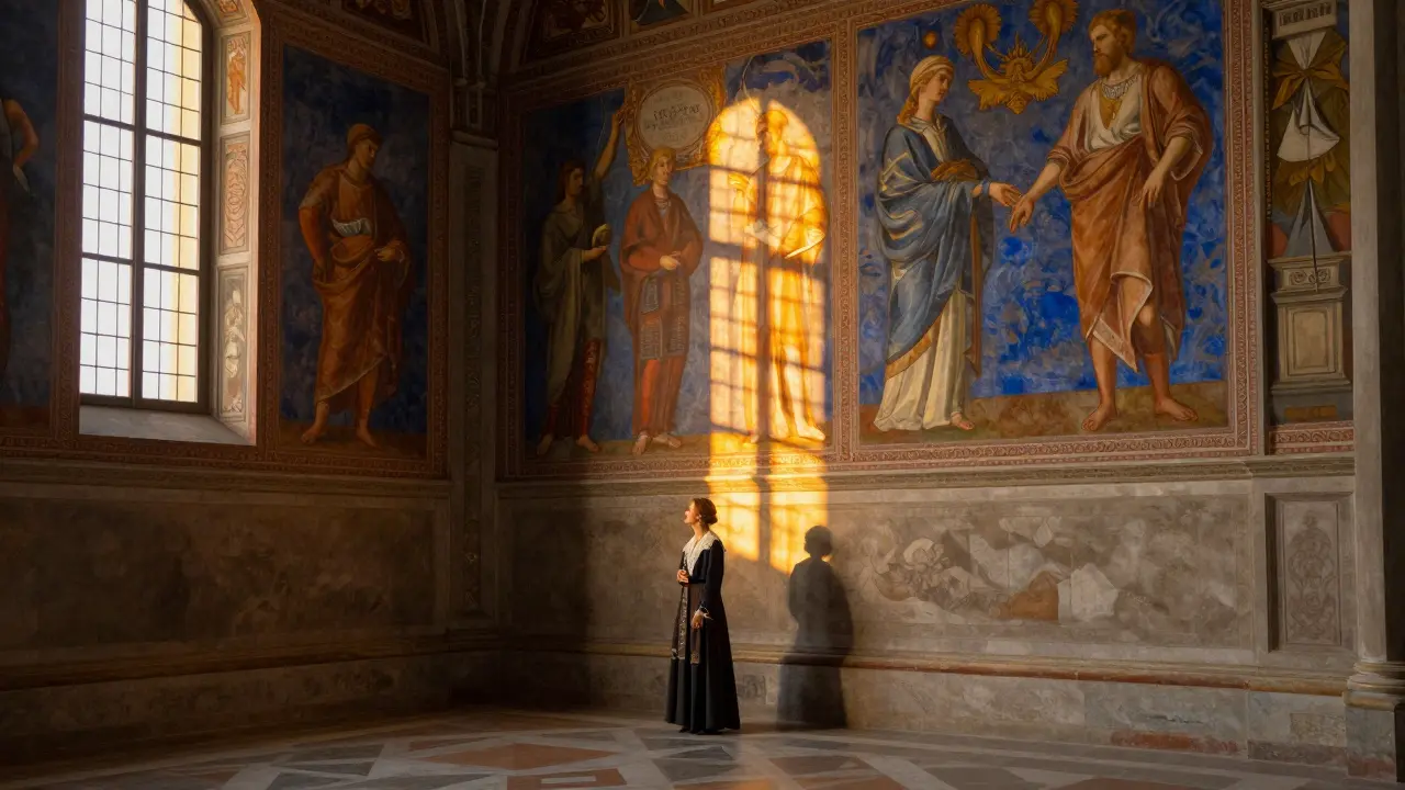 A solitary figure stands before stunning frescoes in a quiet church, bathed in golden evening light.