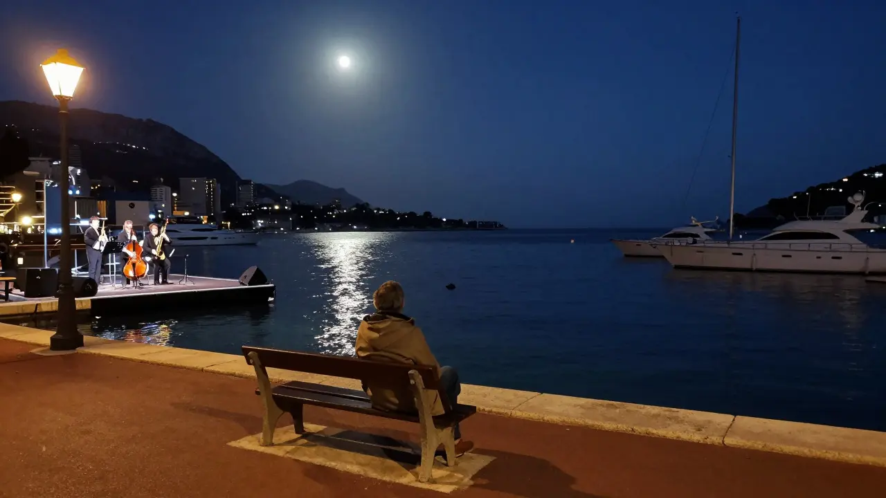 A solitary traveler watching a jazz trio play on a floating stage by moonlit harbor water.