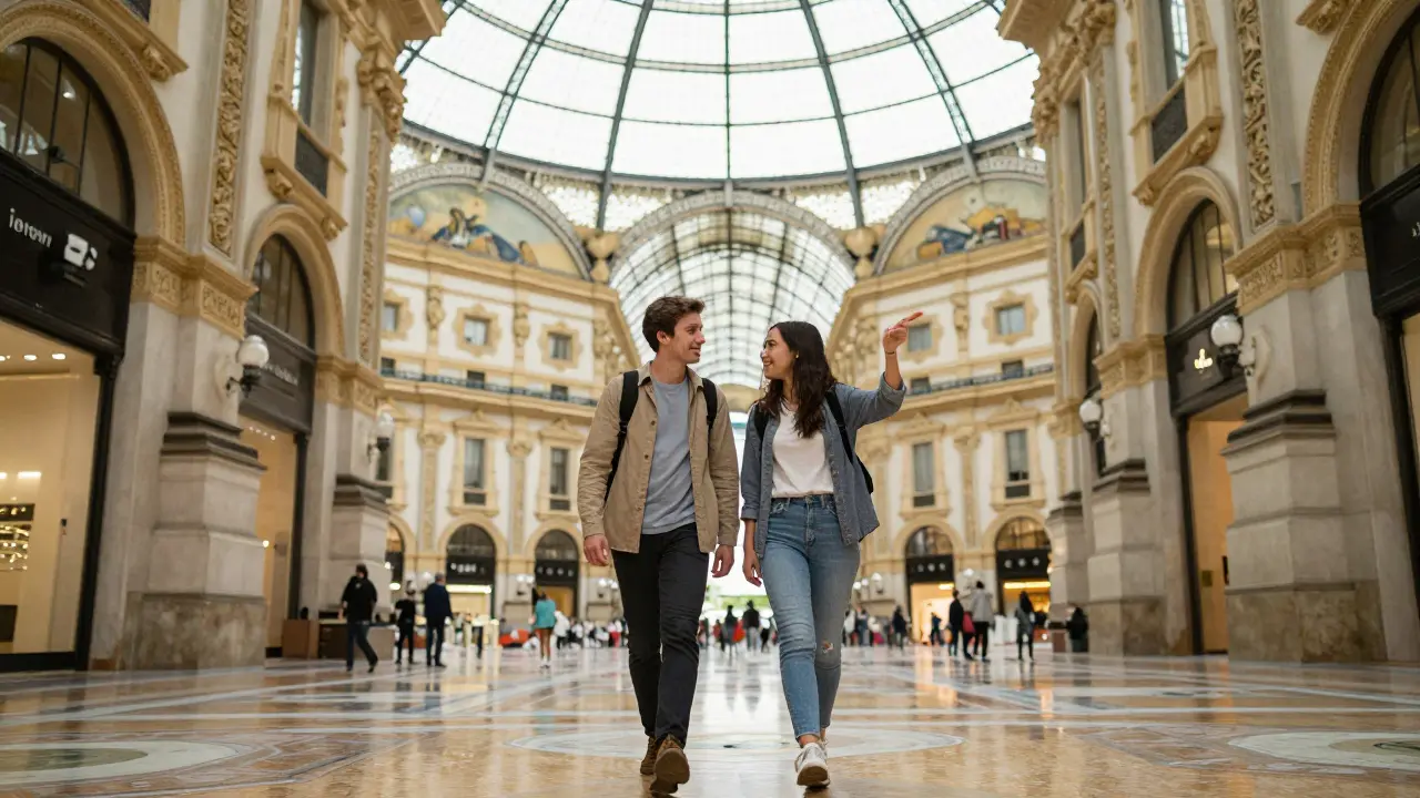 A traveler and companion admiring the glass dome of Galleria Vittorio Emanuele II in daylight.