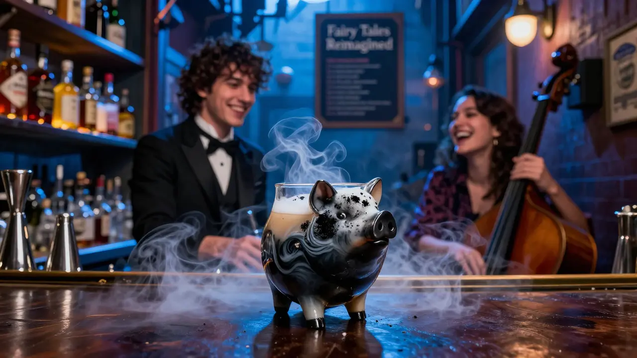 A whimsical cocktail served in a pig-shaped glass at a themed bar with glowing ingredients and moody lighting.