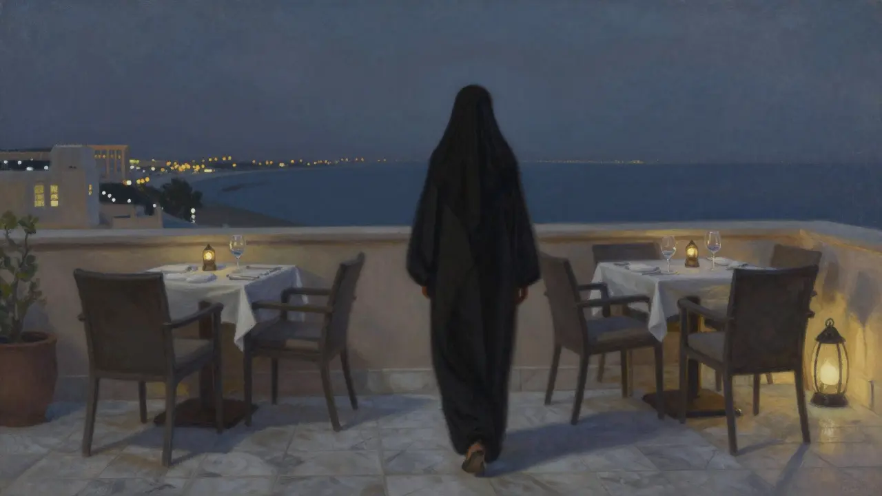 A woman walks away from an empty dining table on a rooftop, night lights glowing in the distance.