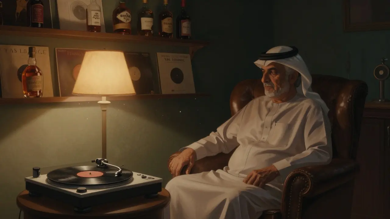 An elderly man sits in a dimly lit jazz lounge surrounded by vinyl records and whiskey bottles.