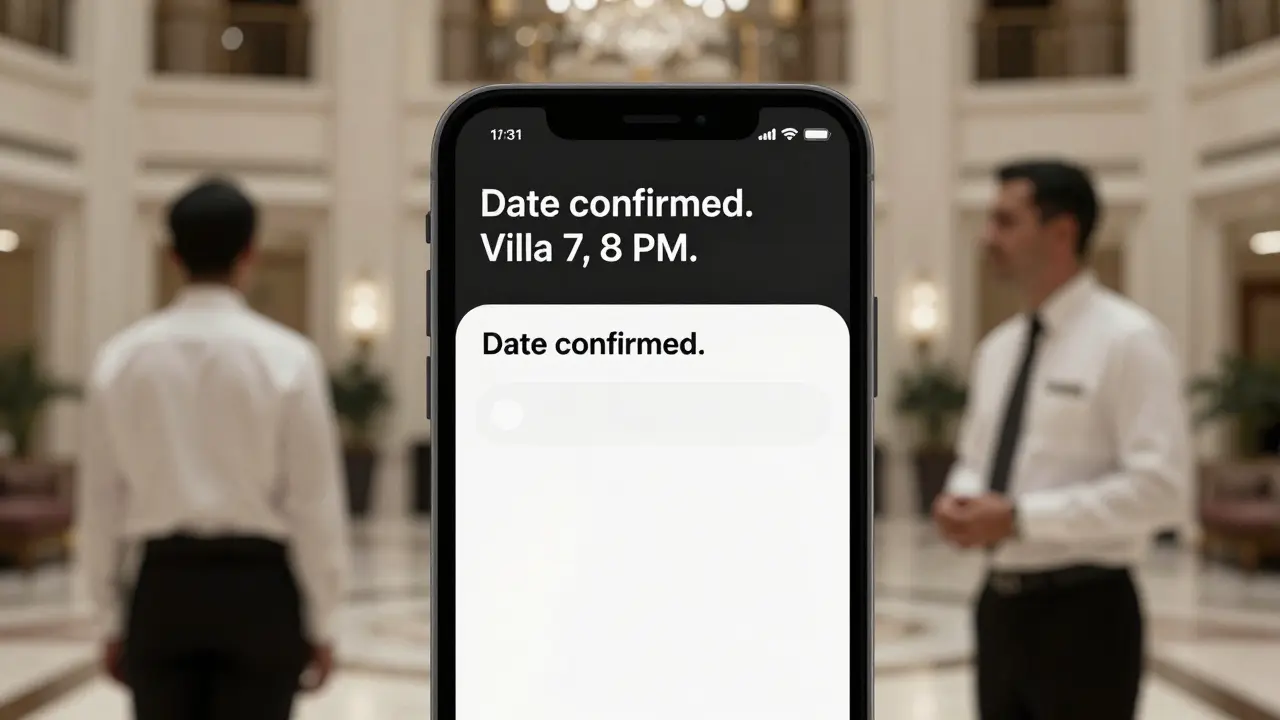 An encrypted message on a smartphone screen in a high-end hotel lobby, emphasizing privacy and discretion.