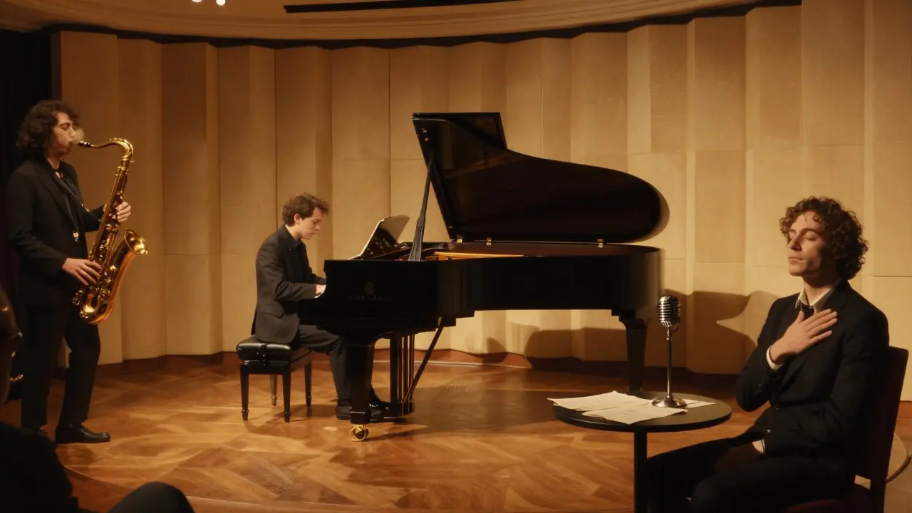 An intimate jazz performance in a refined venue, with musicians lost in playing and a listener deeply moved by the music.