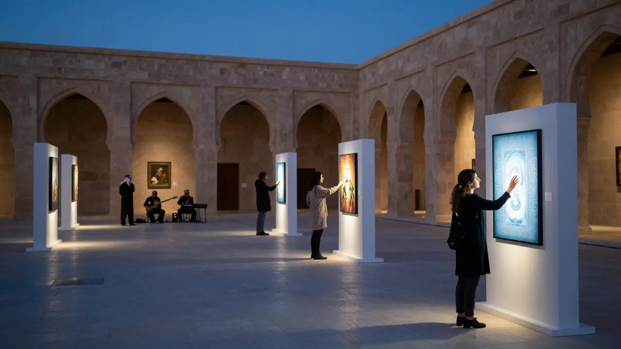 Art gallery night at Qasr Al Hosn courtyard with interactive exhibits and historic architecture.