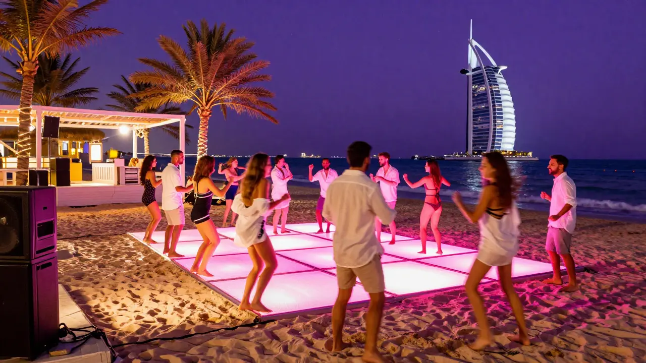 Beach club under stars with neon lights, dancing guests, and ocean waves in the background.