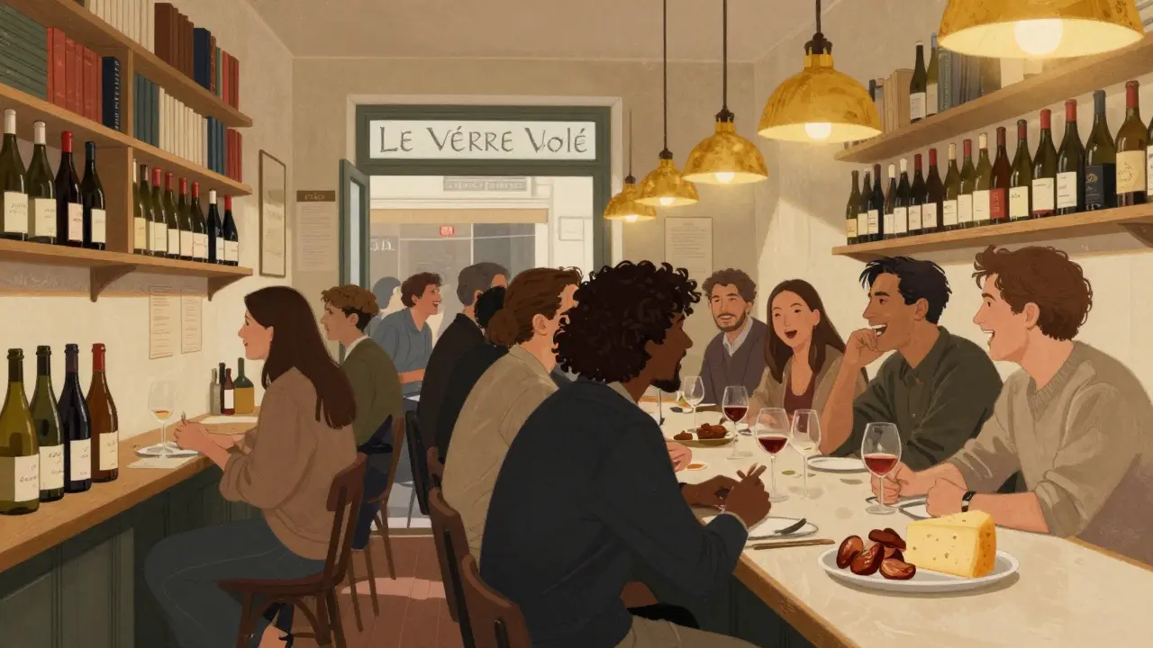 Bustling wine bar with shelves of unlabeled bottles and diners enjoying charcuterie under warm lights.