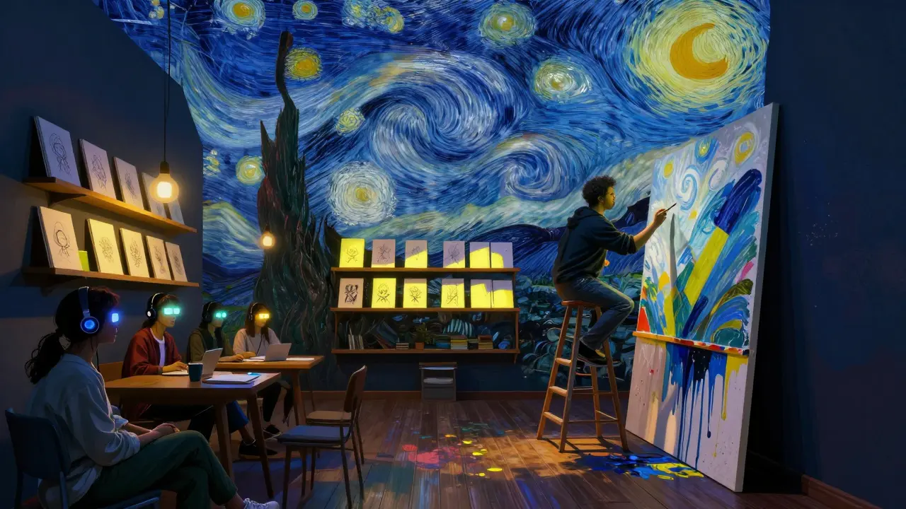 Ceiling transformed into Van Gogh night sky, guests in silent disco headphones, live painter adding brushstrokes.