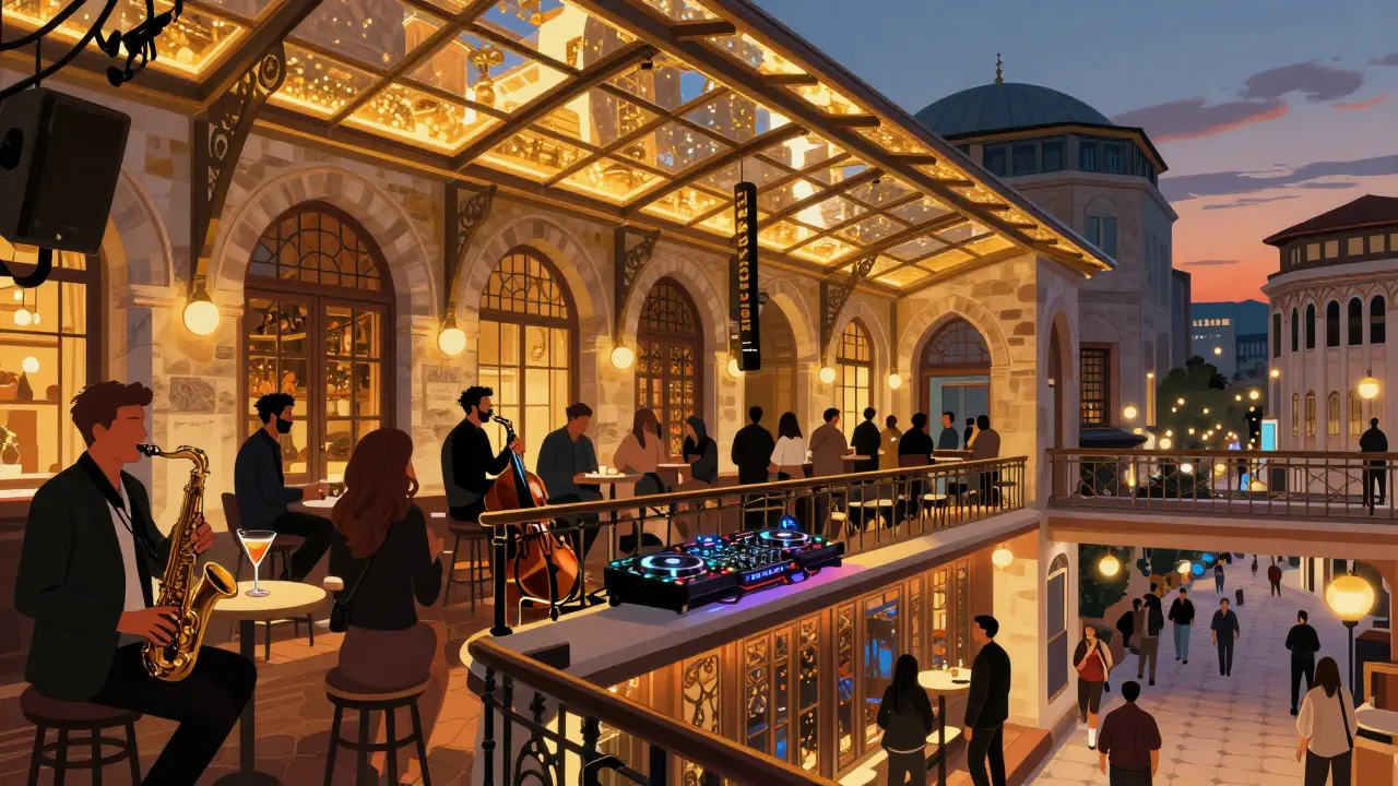 Çiçek Pasajı at twilight, blending jazz and techno music under a glass ceiling with historic Ottoman architecture.