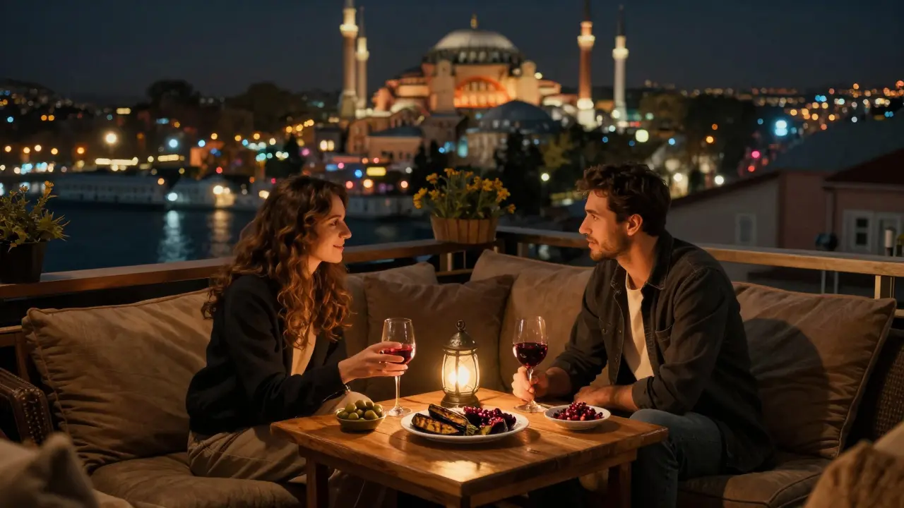 Couples relaxing on a rooftop bar in Beyoğlu with Turkish wine and food, city lights glowing in the distance.
