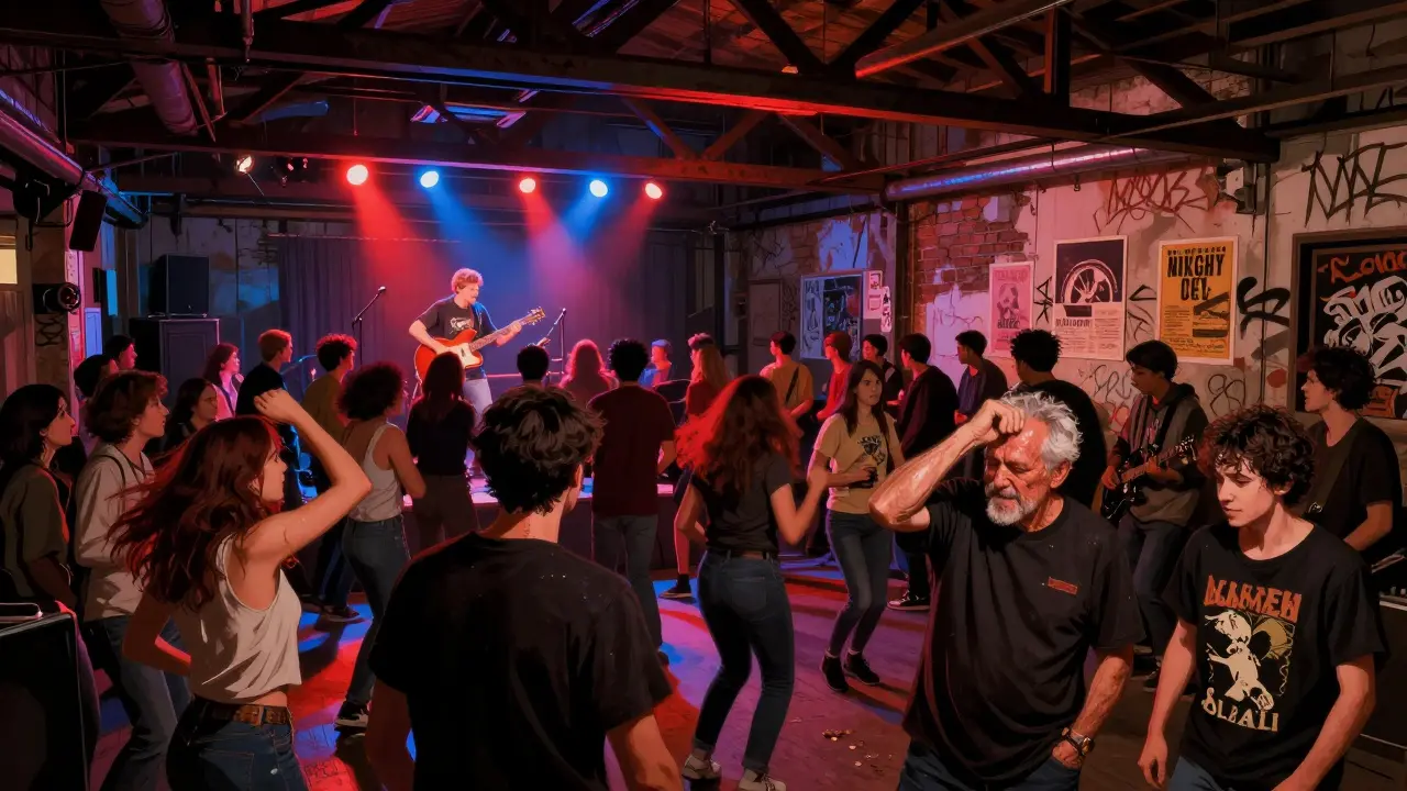 Crowd dancing at Alcatraz, an industrial music venue with live band on stage and diverse attendees.