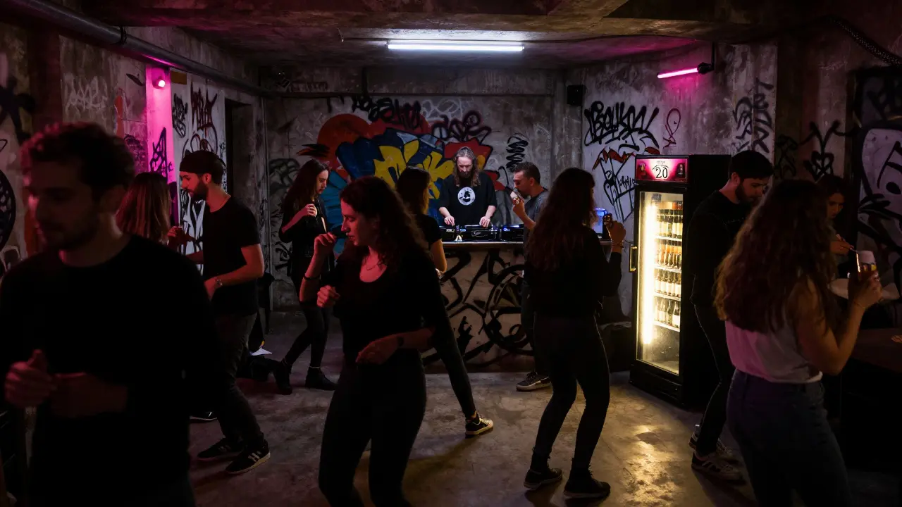 Crowd dancing in an underground club with graffiti walls and dim neon lights, a hidden door hinting at a secret bar.