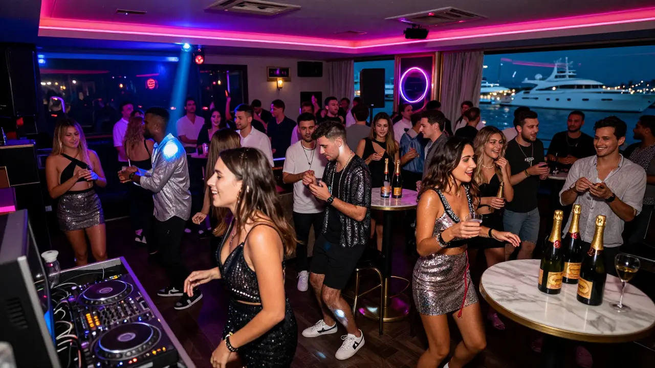 Crowded nightclub with neon lights and dancers in sequins under a pulsing strobe.
