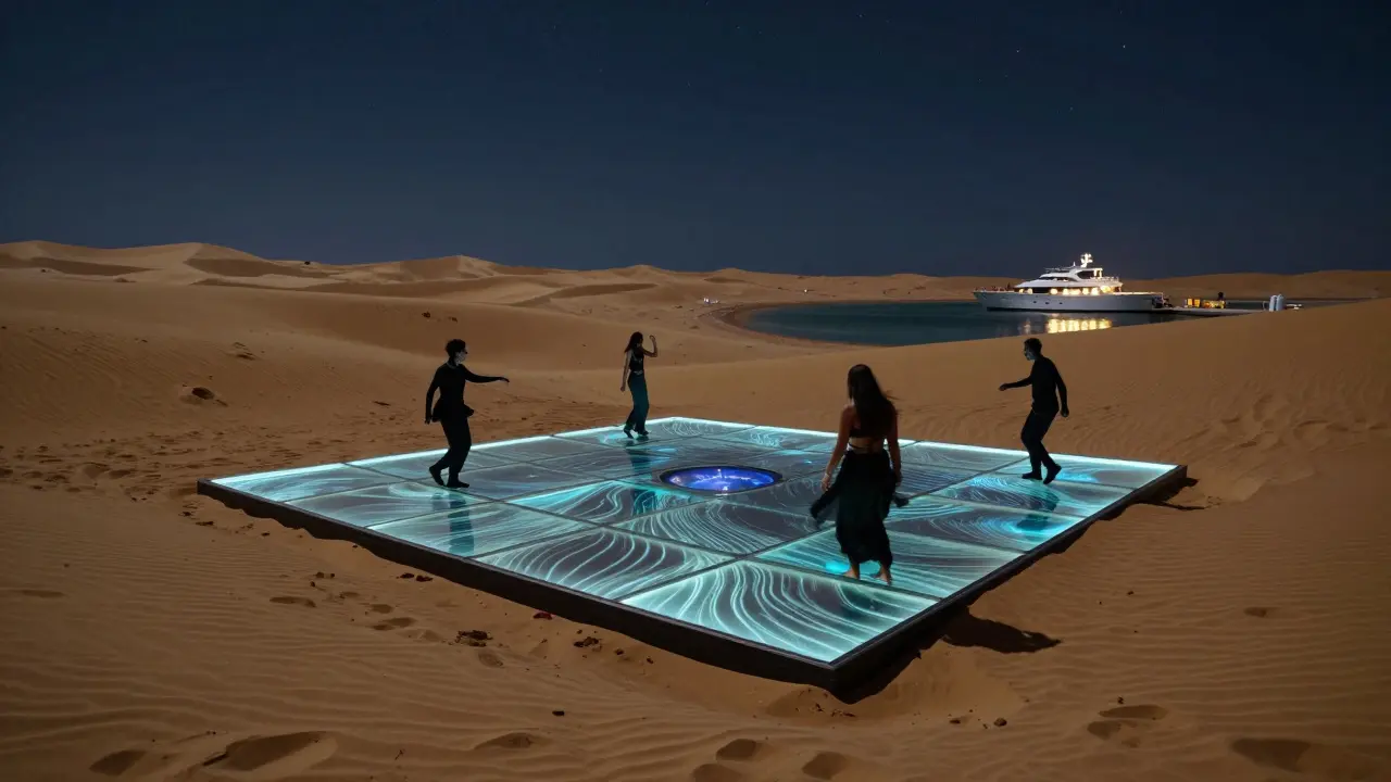 Desert Echo pop-up club on dunes with glowing dance floor under starlit sky.