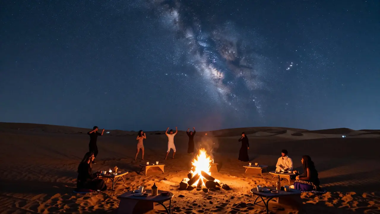 Desert rave under starry sky with bonfire, dancing on dunes, traditional refreshments.