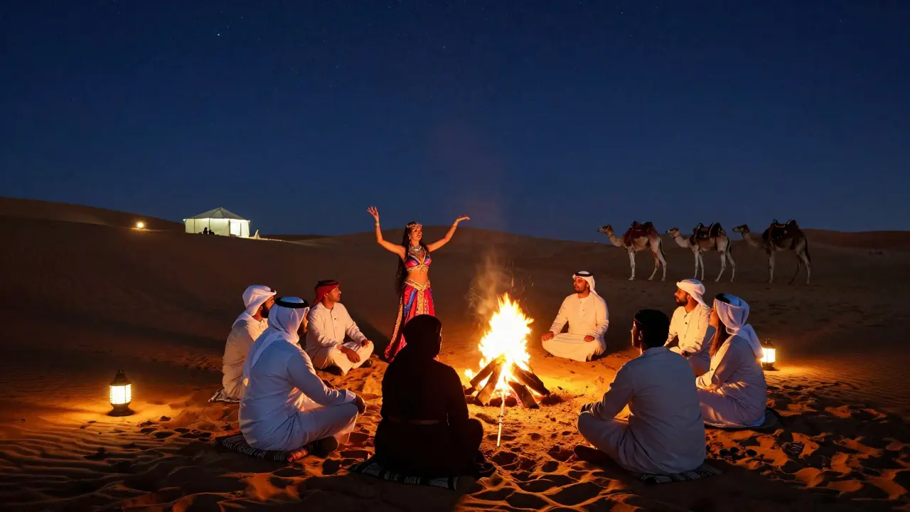 Desert safari camp with traditional dance and stargazing under night sky
