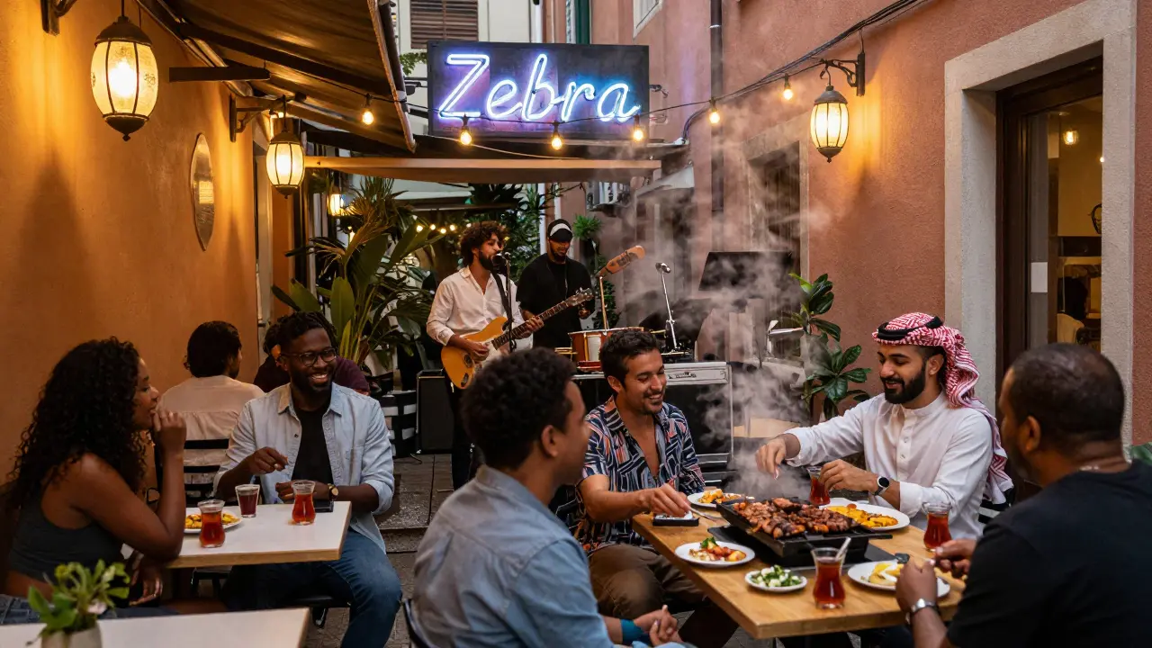 Diverse group celebrating at Bar Zebra in Via Padova, enjoying Afrobeat music and spicy food under string lights.