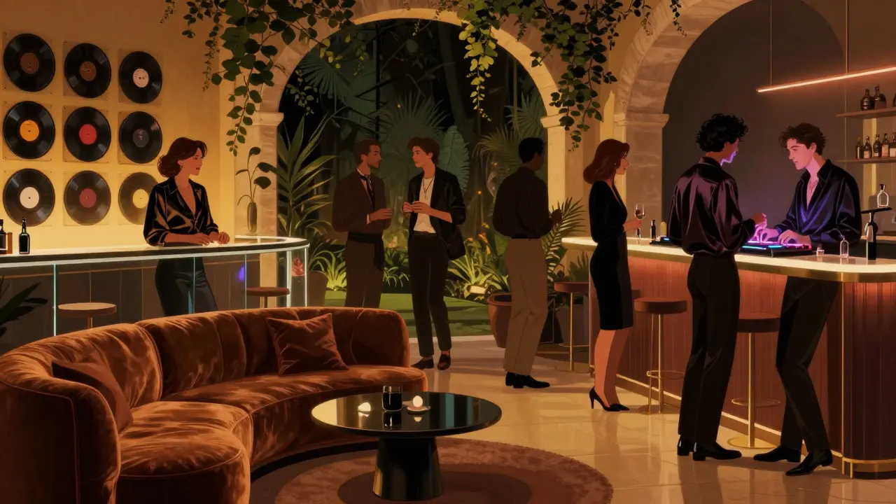 Elegant crowd at Corso Como 10, sipping cocktails under dim lights in a sophisticated, garden-like lounge.