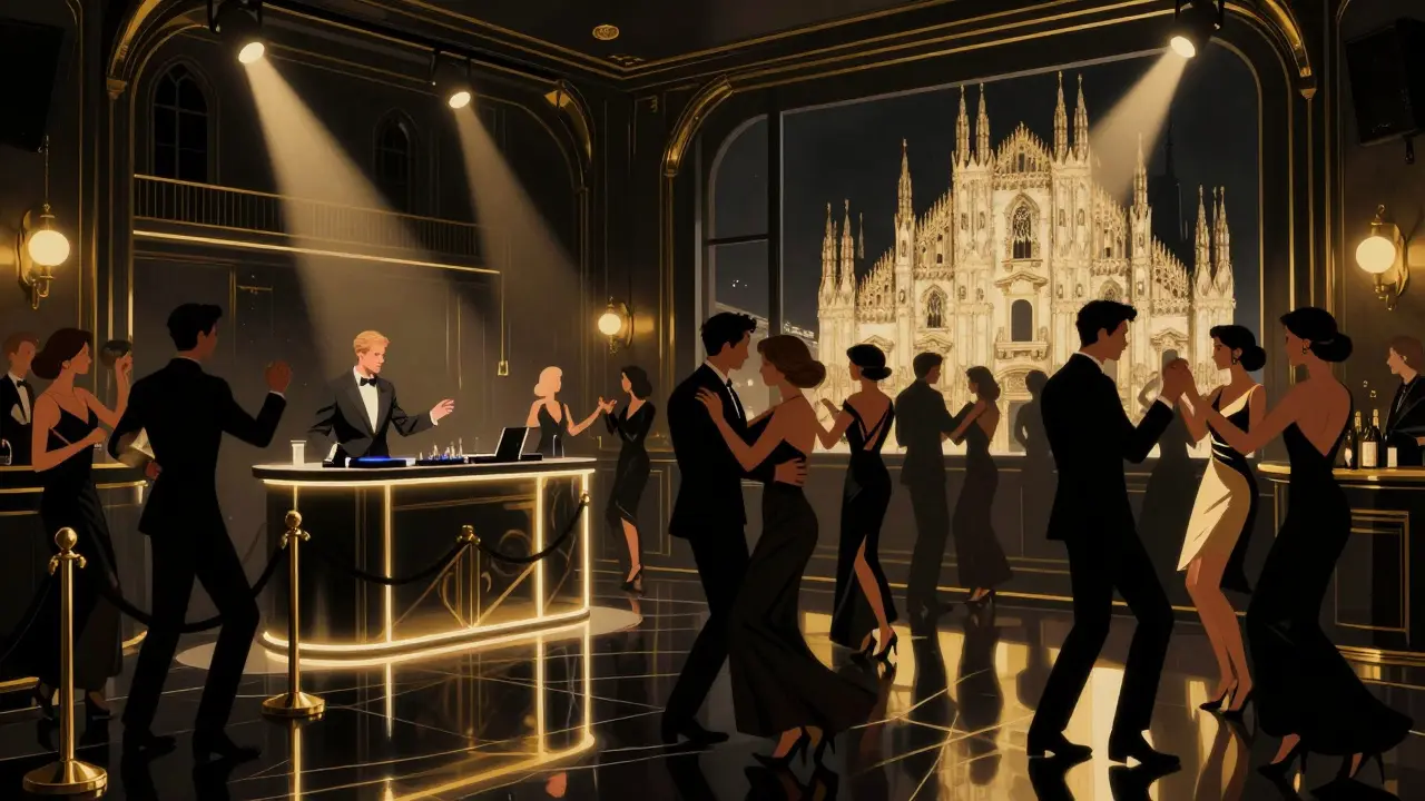 Elegant crowd dancing in a luxurious Milan nightclub with dramatic lighting and a DJ booth, fashion-forward attire and glowing neon accents.