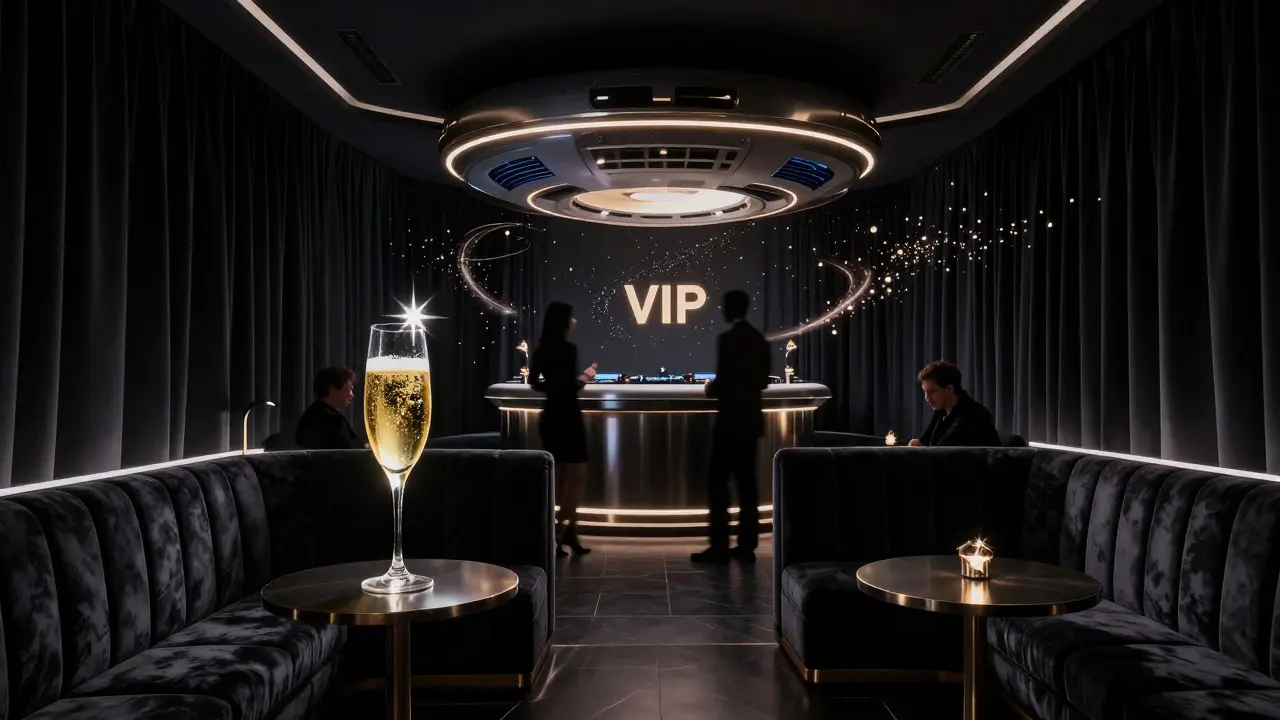 Elegant VIP nightclub interior with velvet booths, a glowing champagne glass, and abstract light particles in the air.