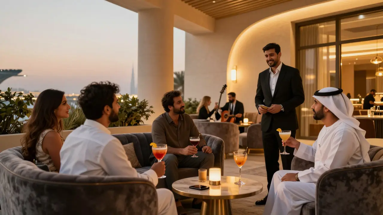 Expats enjoying cocktails in a luxurious Dubai lounge, engaged in calm, respectful conversation.