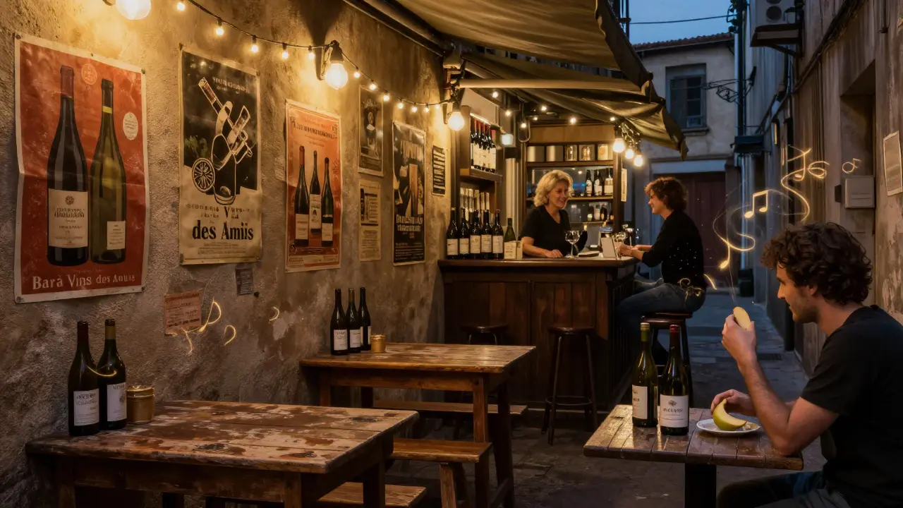 Hidden wine bar with wooden tables, vintage posters, and a customer sipping wine under soft string lights.