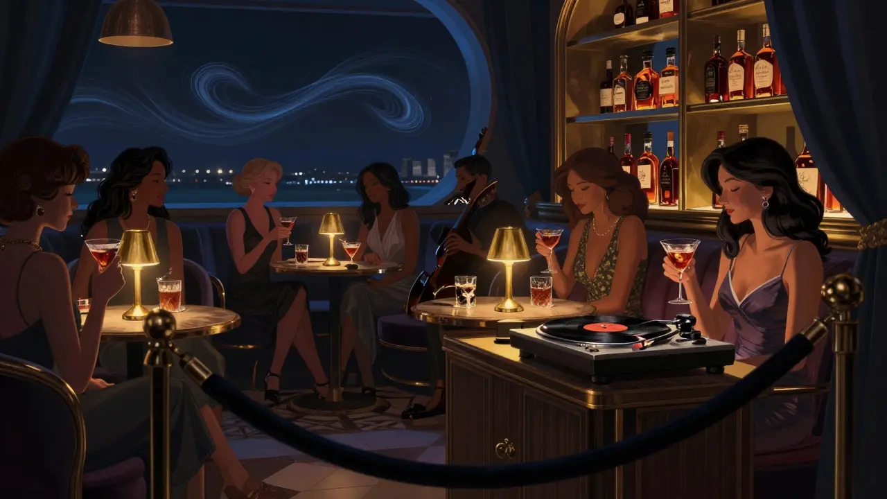 Intimate lounge at La Perla with velvet rope, vintage vinyl, and dim brass lighting.