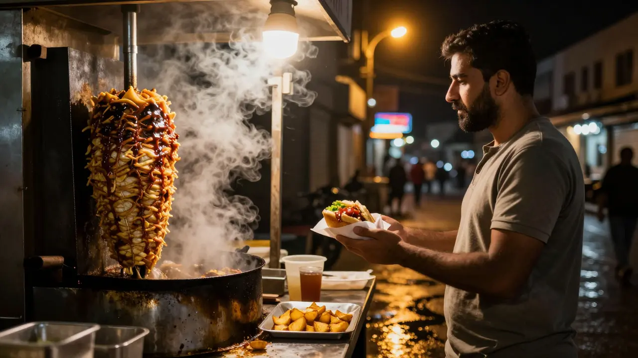 Late-night shawarma stall serving food to a customer, steam rising, warm streetlamp glow on pavement.