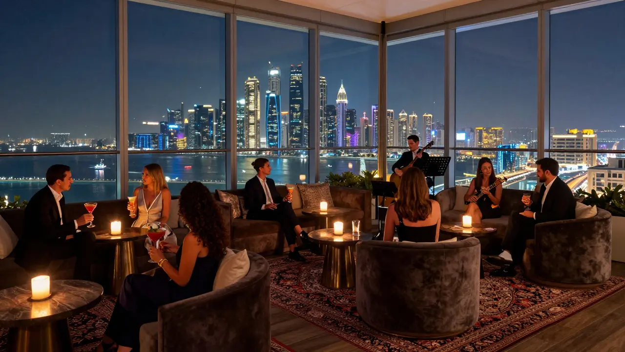 Luxurious rooftop lounge with city skyline view, guests sipping cocktails under candlelight and jazz music.