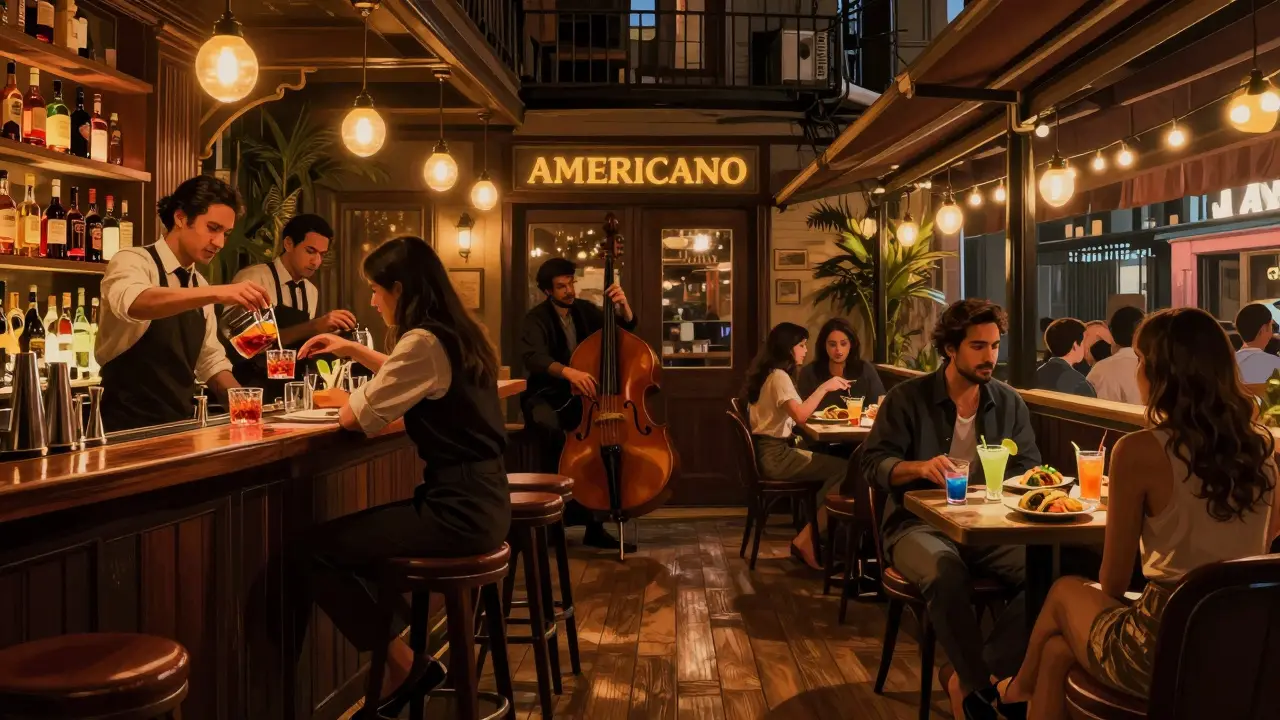 Patrons enjoying Negronis at Bar Americano in Soho, with a live jazz trio playing softly in the background under warm lighting.