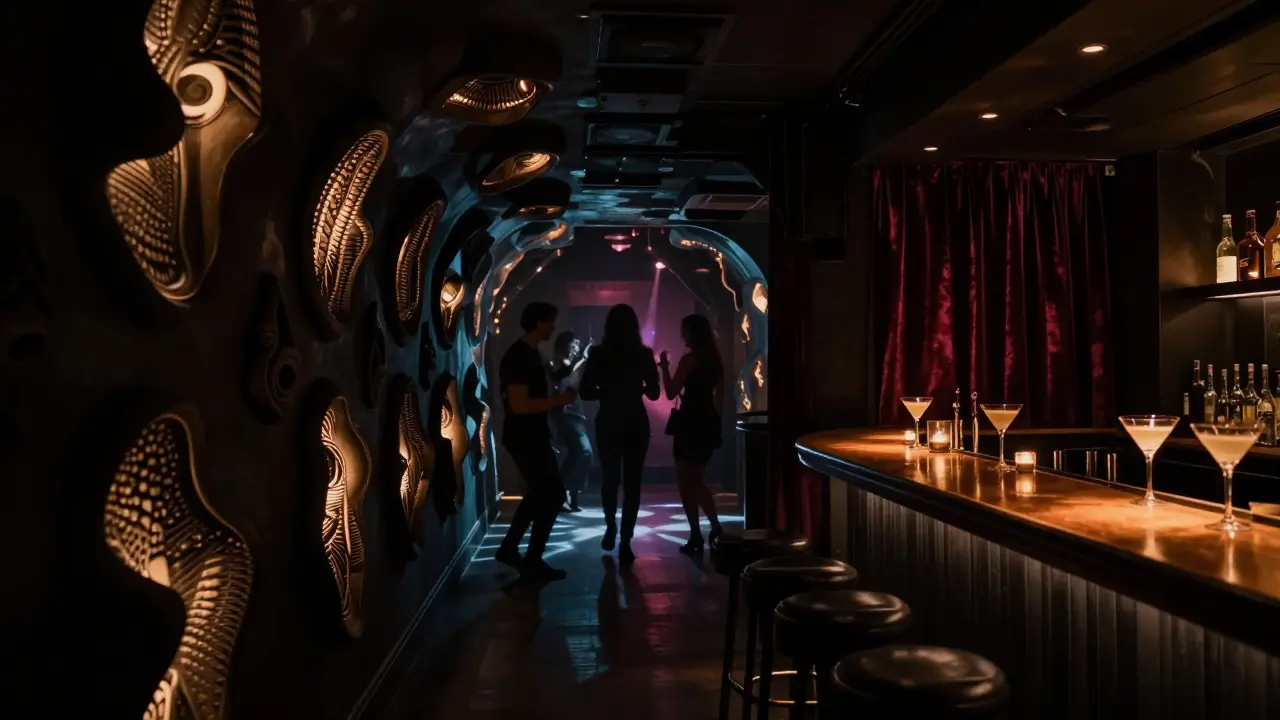 Pitch-black tunnel club with glowing sculptures, silhouettes dancing in motion-sensitive light, velvet curtain entrance.