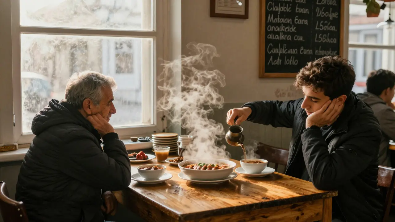 Quiet 5 a.m. Turkish eatery with coffee steam and a traveler resting at a wooden table.