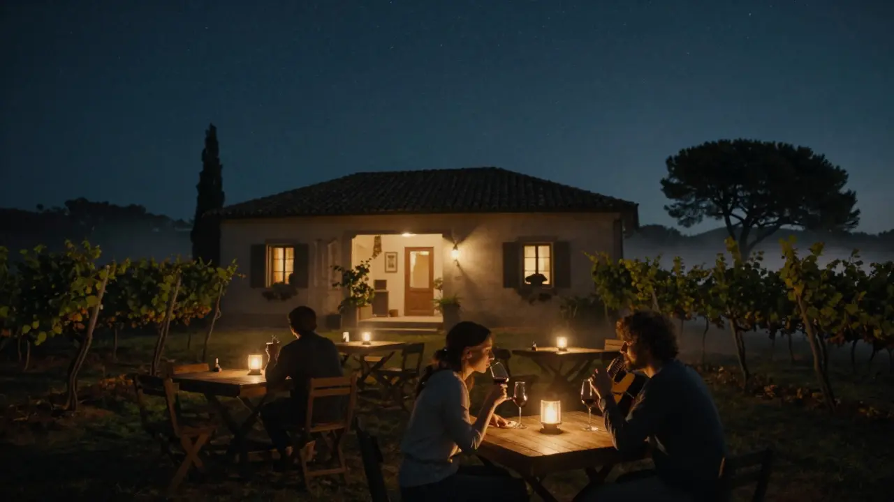 Quiet night at Tenuta La Mandragola, a rural wine bar with lanterns and vineyards under starry sky.